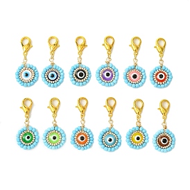 12Pcs 12 Colors Flat Round with Evil Eye Resin & Glass Seed Pendant Decorations, Alloy Lobster Claw Clasps Charm for Bag Key Ornaments