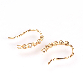 Brass Rhinestone Earring Hooks, Ear Wire, with Horizontal Loop, Nickel Free, Real 18K Gold Plated