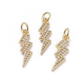Brass Micro Pave Cubic Zirconia Pendants, with Jump Rings, Long-Lasting Plated, Lightning