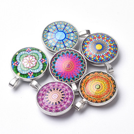 Glass Pendants, with Brass Findings, Flat Round, Geometric Flower Theme, Platinum