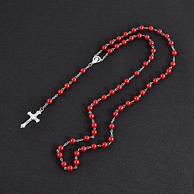 Long Handmade Imitation Pearl Cross Pendant Lariat Necklace Unisex Tassel Sweater Chain Necklaces