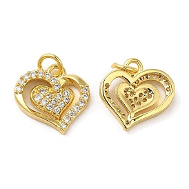 Rack Plating Brass Micro Pave Cubic Zirconia Charms, Lead Free & Cadmium Free, Long-Lasting Plated, Heart