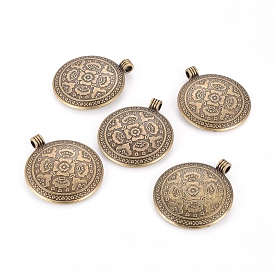 Tibetan Style Flat Round with Flower Alloy Big Pendants, Lead Free & Cadmium Free, 54x46.5x2.5mm, Hole: 5mm, about 86pcs/1000g