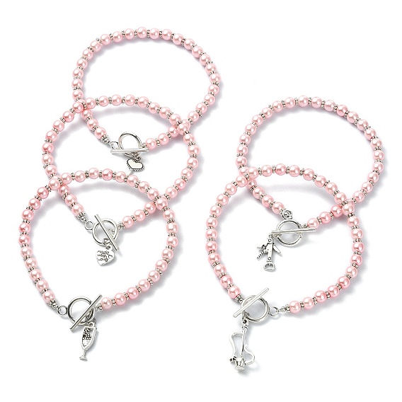 Tibetan Style Alloy Charm Bracelet, with Glass Pearl Round Beaded Chains, Mixed Shape