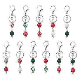 Dyed Natural Wood Round Beaded Keychain, with Iron Alloy Lobster Claw Clasp