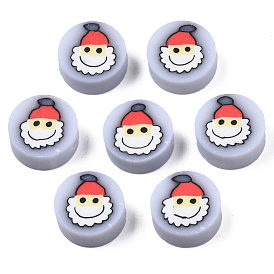 Handmade Polymer Clay Beads, Flat Round with Father Christmas