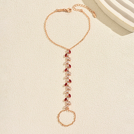 Elegant Brass Pave Clear and Red Cubic Zirconia Leaf Slave Bracelets, Ring Connected Hand Harness Bracelets for Women