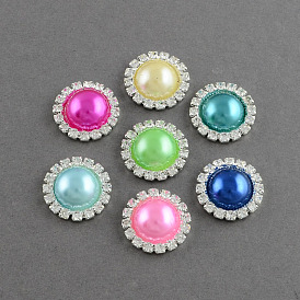 Boutons dôme / demi-laiton abs en plastique imitation perle, avec un cristal strass qualité, 1-trou, couleur argentée couleur métal plaqué