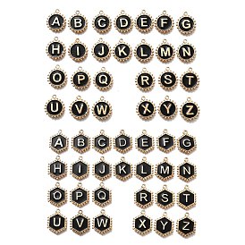 Подвески из сплава черной эмали, золотые, плоский круг/шестиугольник с буквой a~z и подвеской в виде сердца