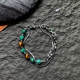 201 Браслеты из нержавеющей стали с двухслойной цепочкой и змеевидной цепочкой, Браслеты для мужчин из круглых бусин натурального тигрового глаза и синтетического малахита.