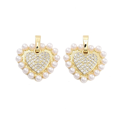 Brass Pave Clear Cubic Zirconia With ABS Imitation Pearl Beads Pendants, Cadmium Free & Lead Free, Golden