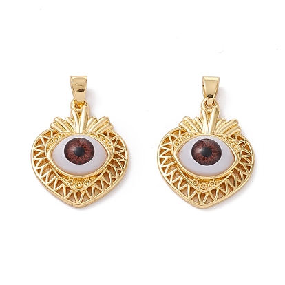Brass Pendants, with Resin Cabochons, Long-Lasting Plated, Heart with Evil Eye, Real 18K Gold Plated
