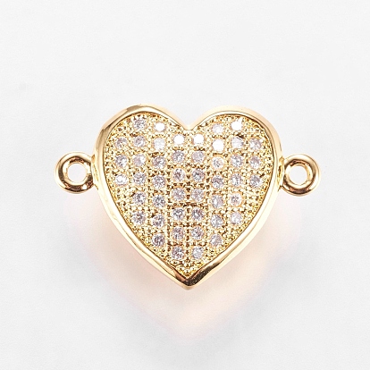 Brass Micro Pave Cubic Zirconia Links, Cadmium Free & Lead Free, Heart