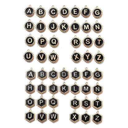 Подвески из сплава черной эмали, золотые, плоский круг/шестиугольник с буквой a~z и подвеской в виде сердца