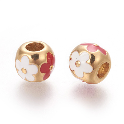 304 Stainless Steel European Beads, Ion Plating (IP), with Enamel, Large Hole Beads, Round with Flower, Golden