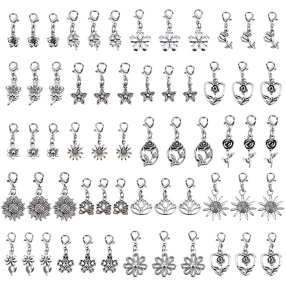 80 décorations de pendentifs en alliage pcs, fleur, avec alliage homard fermoirs pince