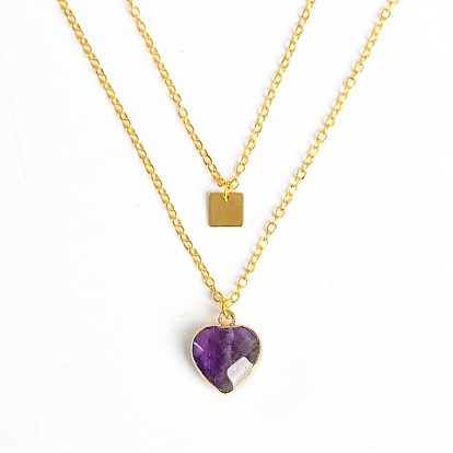 Golden Alloy Double Layer Necklace, Natural Mixed Gemstone Heart & Alloy Square Tag Pendants Necklace