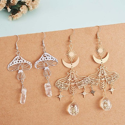Alloy Moth with Flower Specimen Drop Dangle Earrings, Moon Sun Star Long Drop Earrings for Women