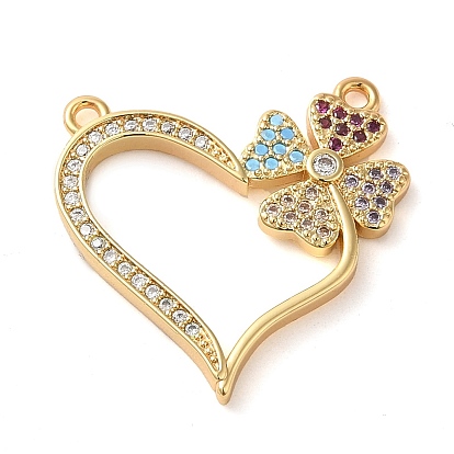 Brass Micro Pave Colorful Cubic Zirconia Connector Charms, Cadmium Free & Nickel Free & Lead Free, Heart with Clover