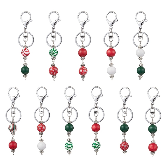 Брелок из натурального окрашенного дерева с круглыми бусинами, с застежкой-лобстером из железного сплава