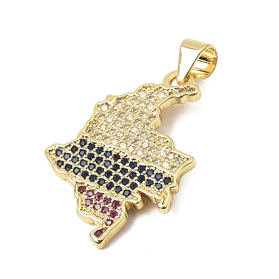 Brass Micro Pave Colorful Cubic Zirconia Pendants, Map Charms, Rack Plating, Long-Lasting Plated, Cadmium Free & Lead Free