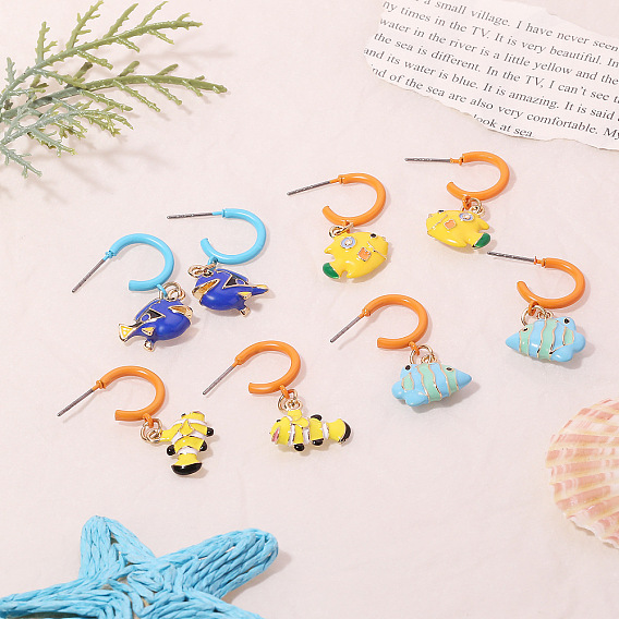 Zinc Alloy Enamel Stud Dangle Earrings, Fish, Half Hoop Earrings