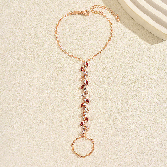 Elegant Brass Pave Clear and Red Cubic Zirconia Leaf Slave Bracelets, Ring Connected Hand Harness Bracelets for Women