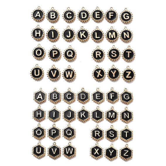 Подвески из сплава черной эмали, золотые, плоский круг/шестиугольник с буквой a~z и подвеской в виде сердца