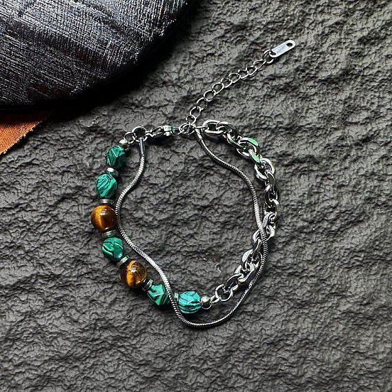 201 Браслеты из нержавеющей стали с двухслойной цепочкой и змеевидной цепочкой, Браслеты для мужчин из круглых бусин натурального тигрового глаза и синтетического малахита.