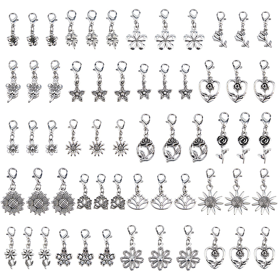 80 décorations de pendentifs en alliage pcs, fleur, avec alliage homard fermoirs pince