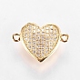 Brass Micro Pave Cubic Zirconia Links, Cadmium Free & Lead Free, Heart