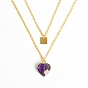Golden Alloy Double Layer Necklace, Natural Mixed Gemstone Heart & Alloy Square Tag Pendants Necklace