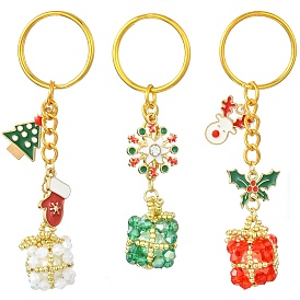 3Pcs 3 Styles Woven Glass Keychains, with Iron Split Key Rings and Alloy Enamel Charms