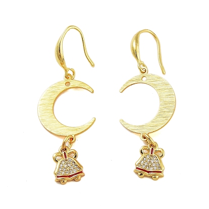 Rack Plating Brass Micro Pave Clear Cubic Zirconia Dangle Earrings, Moon with Bell, Cadmium Free & Lead Free