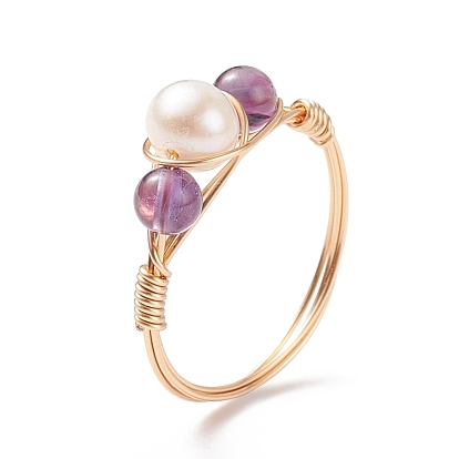 Fábrica de China Anillo de dedo trenzado con gemas y perlas naturales, joyas envueltas en alambre de cobre chapado en oro claro mujer Diámetro interior: 18.4~19 mm granel en línea -