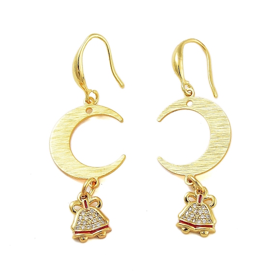 Rack Plating Brass Micro Pave Clear Cubic Zirconia Dangle Earrings, Moon with Bell, Cadmium Free & Lead Free