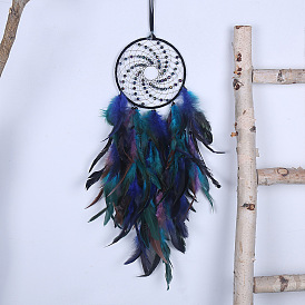 Iron Woven Web/Net with Feather Pendant Decorations, Flat Round with Vortex Wall Hanging