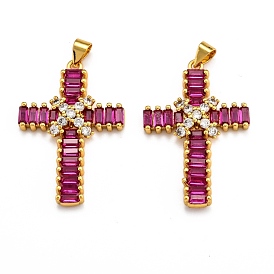 Brass Micro Pave Clear Cubic Zirconia Pendants, Long-Lasting Plated, Real 18K Gold Plated, Cross
