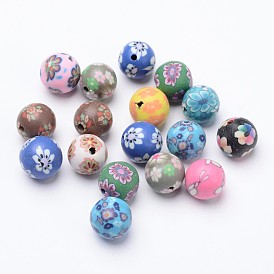 Ручной Цветочный узор полимерной глины бусы, круглые, 9~10 мм, отверстие : 1~2 мм