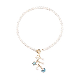 Starfish and Shell Pendant Necklace with Grade A Natural Pearl for Women