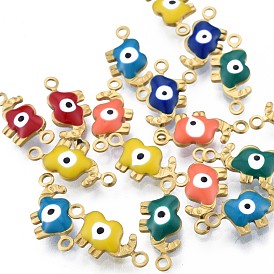 304 Stainless Steel Enamel Connector Charms, Real 18K Gold Plated, Elephant with Evil Eye