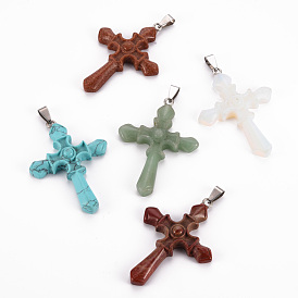 Natural & Synthetic Mixed Gemstone Big Pendants, with Platinum Brass Bails, Cross