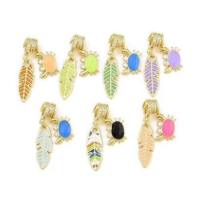 Brass Micro Pave Clear Cubic Zirconia Pendants, with Enamel, Feather with Crab Charms, Rack Plating, Long-Lasting Plated, Lead Free & Cadmium Free, Real 18K Gold Plated