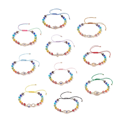 10Pcs 10 Style Lampwork Evil Eye Braided Bead Bracelets Set, Cross & Infinite & Hamsa Hand Crystal Rhinestone Link Bracelets for Women