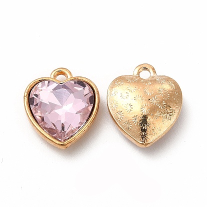 Faceted Glass Rhinestone Pendants, with Golden Tone Zinc Alloy Findings, Heart Charms