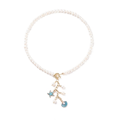 Starfish and Shell Pendant Necklace with Grade A Natural Pearl for Women