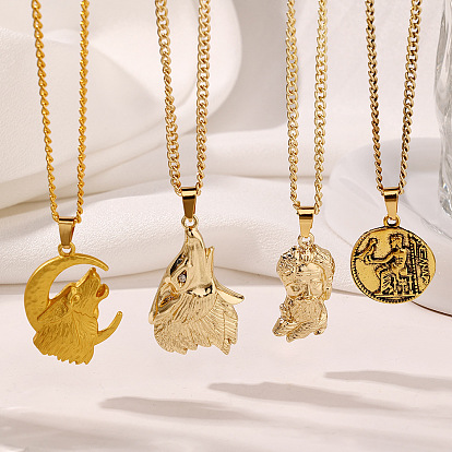 304 Collares con colgante de lobo humano de acero inoxidable para mujer, hombres, dorado