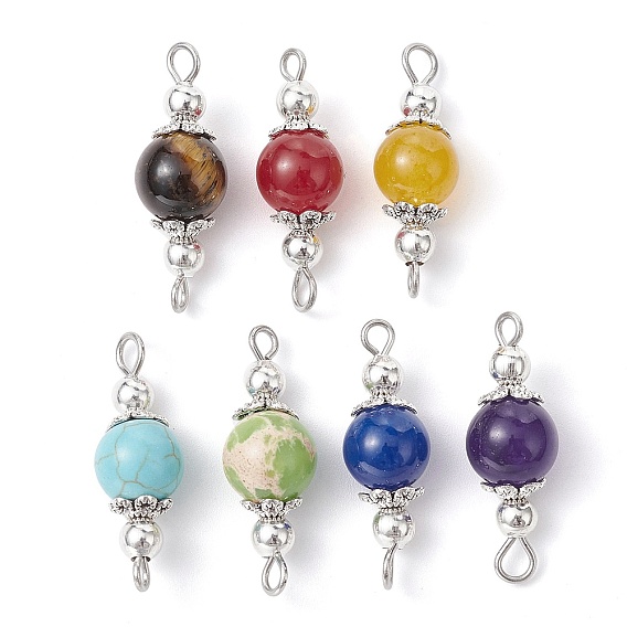 7Pcs 7 Colors Mixed Stone Connector Charms, Chakra Round Links with Antique Silver Plated Alloy Flower Findings, Mixed Dyed and Undyed