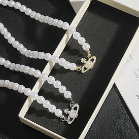 Collier de perles de Saturne avec bijoux pendentif Saturne en diamant complet - collier de reine ysk.