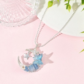 Natural Gemstone Wire Wrapped Moon with Acrylic Butterfly Pendant 304 Stainless Steel Ball Chain Necklaces, Silver Color Plated